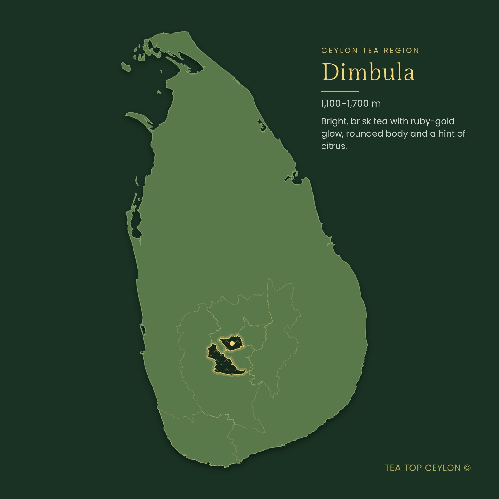 Map of Sri Lanka highlighting the Dimbula tea region where English Breakfast Tea is grown