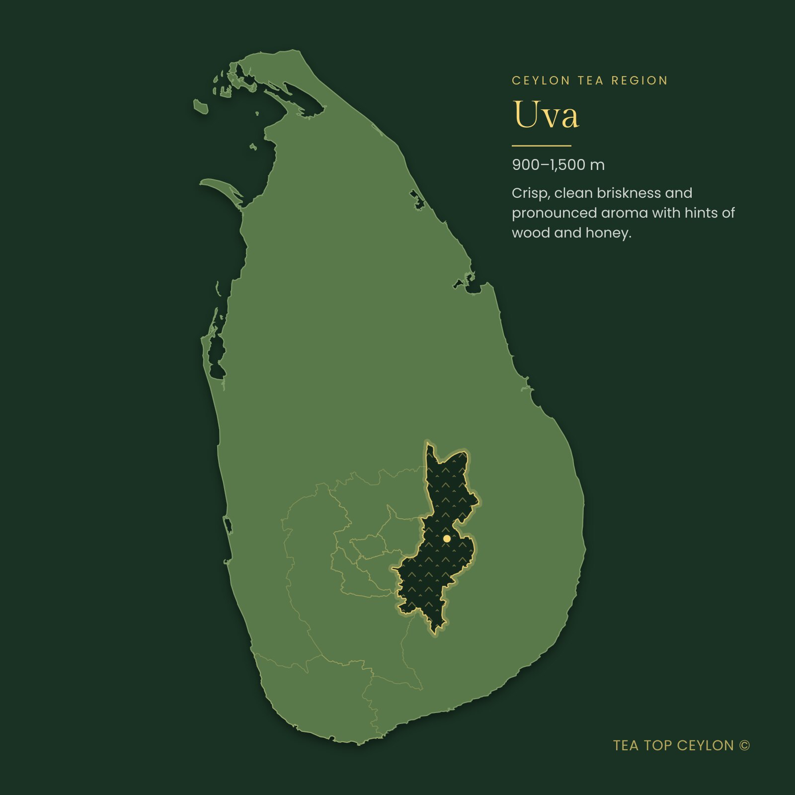 Map of Sri Lanka highlighting the Uva tea region where Orange Black is grown